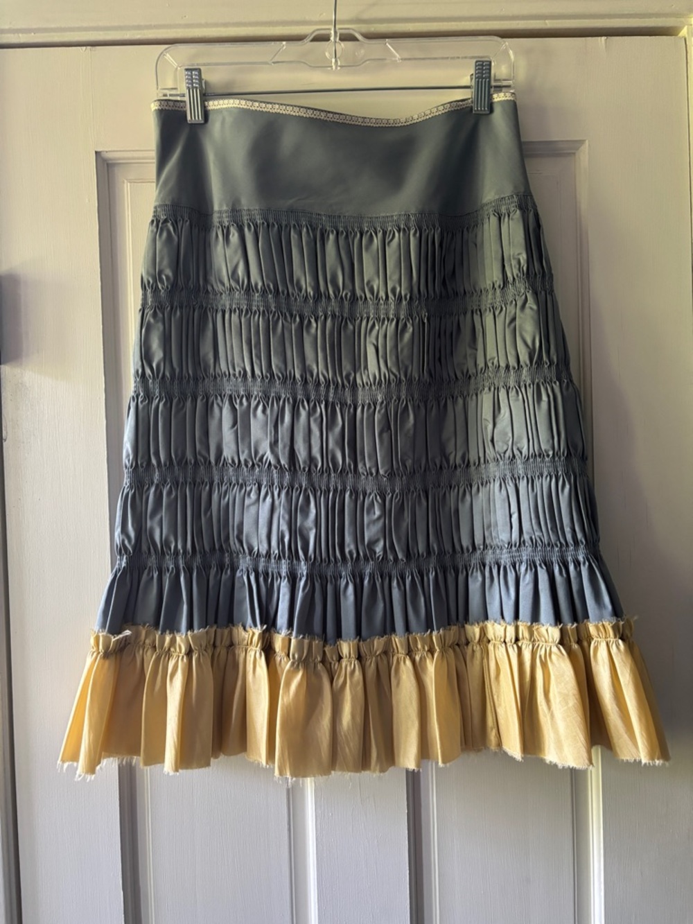 Anthropologie Gray Tiered Midi Skirt with Gold Ruffle Hem